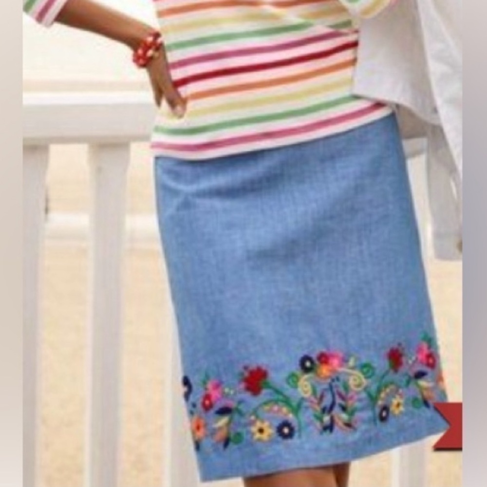Talbots embroidered floral linen-cotton blend A-line chambray skirt